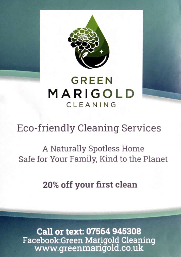Green Marigold Cleaning flyer - Eco-friendly Cleaning Services, 20% off your first clean, call or text 07564 945308